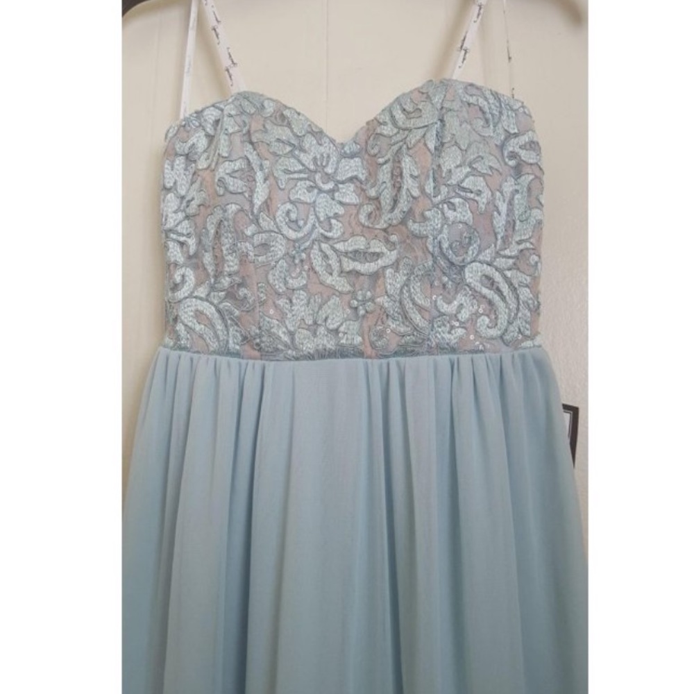 Speechless antique blue strapless embroidered prom dress